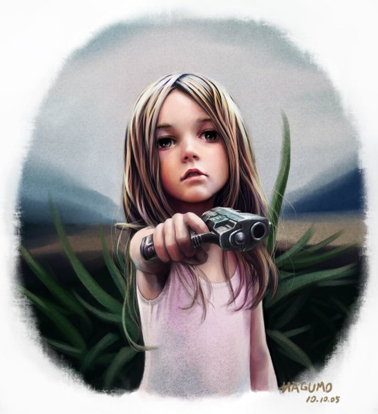 Anime picture 2204x2417 with original nagumo (qmzp10) single long hair tall image highres blonde hair signed absurdres realistic grey eyes loli girl plant (plants) gun