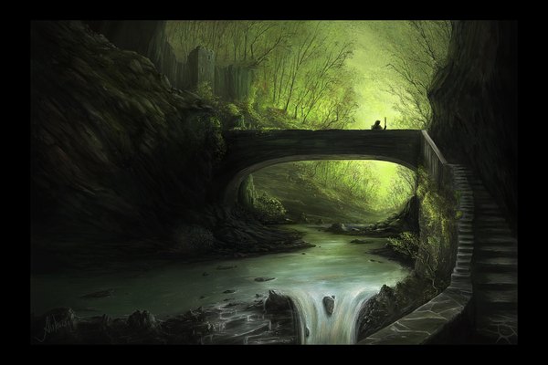 Anime picture 1080x720 with original memod signed landscape framed river rock waterfall boy plant (plants) tree (trees) water building (buildings) forest stairs bridge