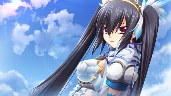 Anime picture 1024x576 with kamidori alchemy meister yuela long hair black hair red eyes wide image twintails game cg cloud (clouds) girl
