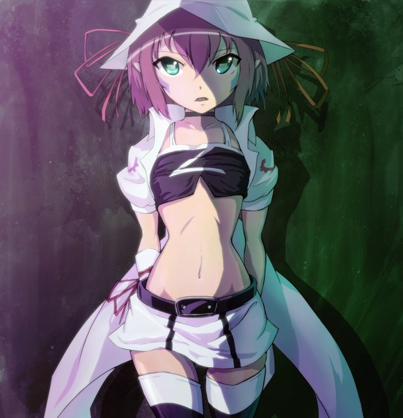 Anime picture 1300x1346 with yumekui merry merry nightmare stds (artist) single tall image looking at viewer short hair open mouth green eyes purple hair pointy ears midriff hands behind back girl navel hat miniskirt socks gaiters