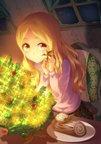 Anime picture 704x1000 with idolmaster idolmaster cinderella girls mochizuki hijiri maru (sara duke) single long hair tall image blush blonde hair smile yellow eyes light girl window sweets sweater chair cake christmas tree