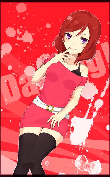 Anime picture 804x1291 with love live! school idol project sunrise (studio) love live! nishikino maki chisumi single tall image looking at viewer short hair smile purple eyes bare shoulders red hair nail polish finger to mouth red background red nail polish girl thighhighs dress