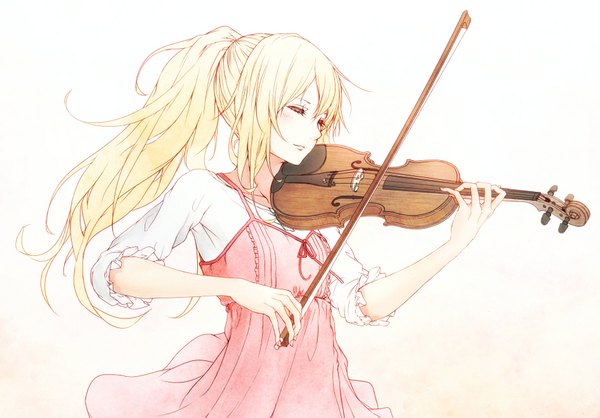 Anime picture 946x660 with shigatsu wa kimi no uso a-1 pictures miyazono kaori merula single long hair blush fringe blonde hair white background holding eyes closed fingernails lips playing instrument girl musical instrument violin bow (instrument)