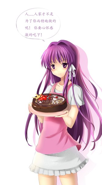 Anime picture 999x1800 with clannad key (studio) fujibayashi kyou yeluno meng single long hair tall image blush blue eyes white background purple eyes purple hair girl dress sweets cake