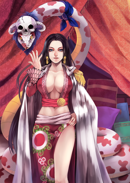 Anime picture 1000x1400 with one piece toei animation boa hancock salome (one piece) teebohne single long hair tall image breasts blue eyes black hair large breasts horn (horns) hand on hip girl navel earrings animal pillow fur