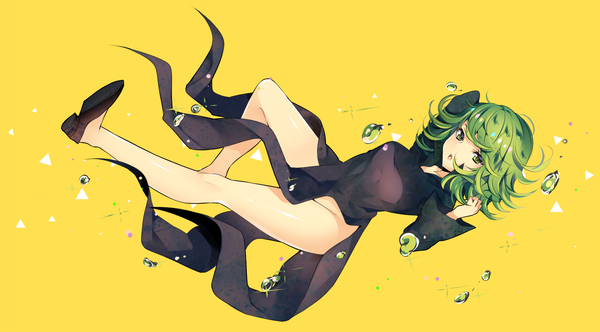 Anime picture 1500x832 with one-punch man madhouse tatsumaki usagihime single looking at viewer short hair open mouth light erotic simple background wide image green eyes green hair yellow background girl dress