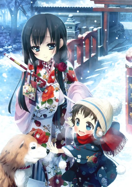 Anime picture 3260x4602 with original katagiri hinata long hair tall image blush highres short hair open mouth blue eyes black hair multiple girls absurdres traditional clothes japanese clothes from above snowing winter snow exhalation shiba inu