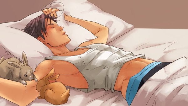 Anime picture 1082x610 with axis powers hetalia studio deen south korea (hetalia) tagme (artist) short hair open mouth brown hair wide image eyes closed sleeping muscle boy animal pillow bed bunny