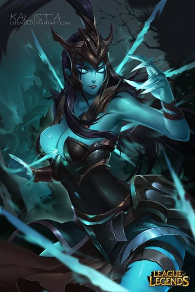 Anime picture 685x1024 with league of legends kalista (league of legends) gu-ko citemer single long hair tall image looking at viewer breasts blue eyes light erotic black hair large breasts lips blue skin girl belt armor thigh strap helmet