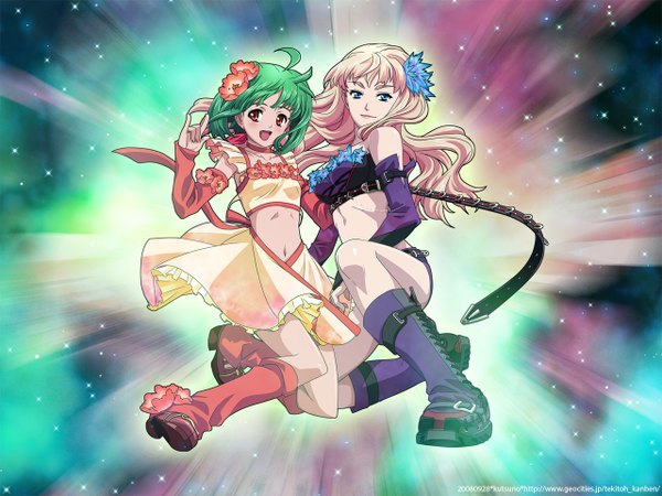 Anime picture 1280x960 with macross macross frontier sheryl nome ranka lee kutsuno long hair blush short hair blue eyes blonde hair smile red eyes twintails multiple girls green hair light mmm girl gloves flower (flowers)