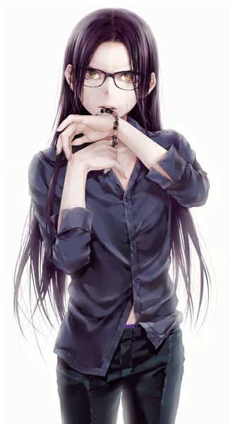Anime picture 500x920 with original koshika rina single long hair tall image looking at viewer open mouth black hair simple background standing white background yellow eyes tears girl shirt glasses bracelet beads black shirt prayer beads