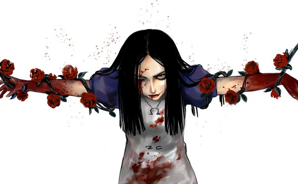 Anime picture 1980x1224 with american mcgee's alice (game) alice: madness returns alice (american mcgee's) heiheideqiu single long hair looking at viewer highres black hair wide image white background green eyes lips bondage bloody clothes injury bound hands girl dress flower (flowers)