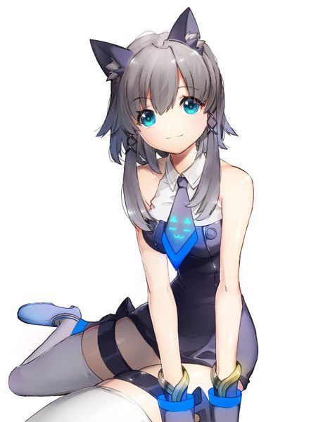 Anime picture 1093x1430 with original kimijima0301 single long hair tall image looking at viewer fringe breasts blue eyes simple background smile white background sitting twintails animal ears grey hair cat ears sleeveless low twintails dark hair
