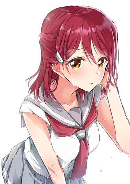 Anime picture 700x990 with love live! sunshine!! sunrise (studio) love live! sakurauchi riko sahara (charlotte) single long hair tall image blush simple background white background yellow eyes red hair wet adjusting hair half updo girl uniform serafuku hairclip