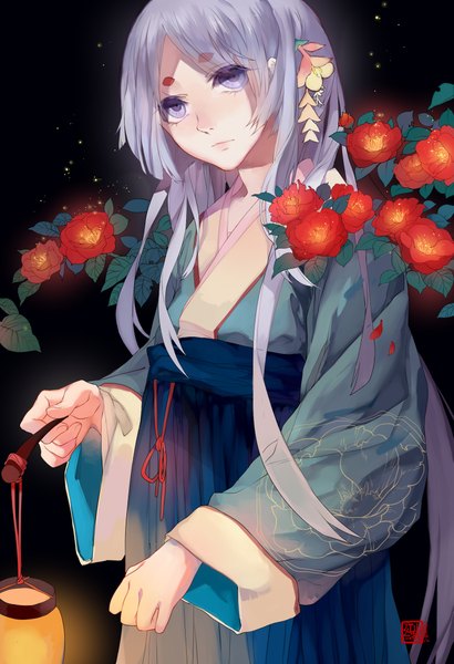 Anime picture 1535x2244 with original dj.adonis single long hair tall image looking at viewer fringe standing purple eyes holding purple hair traditional clothes japanese clothes lips wide sleeves black background glow hime cut girl hair ornament