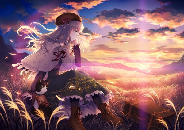 Anime picture 1000x707 with original megumu single long hair blue eyes brown hair sitting sky cloud (clouds) evening sunset mountain girl dress plant (plants) animal boots cat grass beret