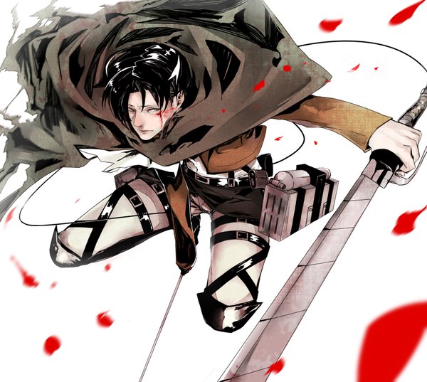 Anime picture 1700x1522 with shingeki no kyojin production i.g levi (rivaille) haikimono single short hair black hair simple background white background holding grey eyes dual wielding boy weapon sword belt thigh strap blood cape wire (wires)