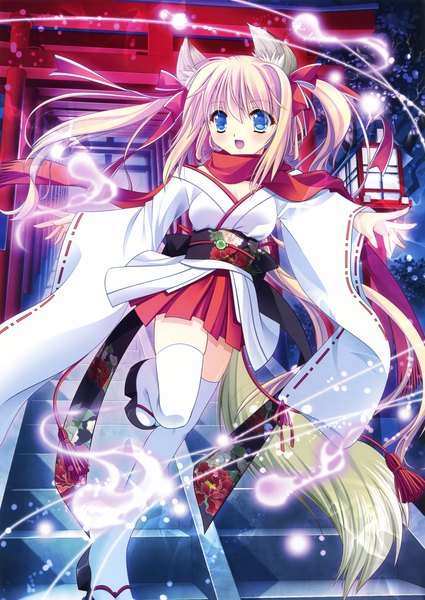 Anime picture 2335x3300 with original eshi 100-nin ten yamamoto kazue single long hair tall image looking at viewer blush highres open mouth blue eyes blonde hair traditional clothes scan miko ghost girl thighhighs ribbon (ribbons) hair ribbon