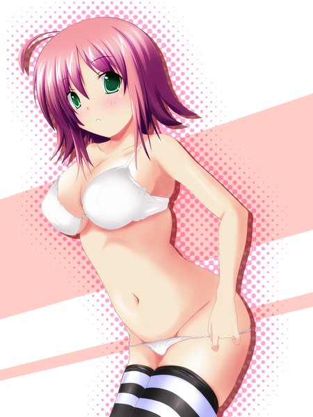 Anime picture 1200x1600 with original paradaisukingu single tall image short hair light erotic green eyes red hair underwear only girl thighhighs navel underwear panties striped thighhighs