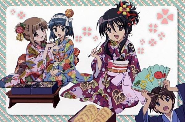 Anime picture 1961x1294 with shakugan no shana j.c. staff shana yoshida kazumi sakai yuuji konoe fumina highres japanese clothes girl food kimono