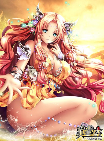 Anime picture 630x850 with sexy police hui jie single tall image looking at viewer blue eyes light erotic blonde hair payot pink hair cleavage very long hair parted lips multicolored hair hair flower copyright name thighs wavy hair gradient hair girl