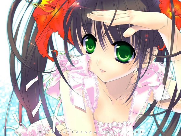 Anime picture 1024x768 with 888 brown hair green eyes flower (flowers) frills