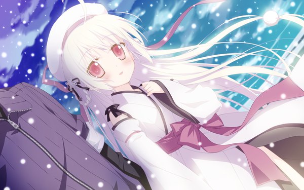 Anime picture 2048x1280 with astralair no shiroki towa yuuki (astralair no shiroki towa) long hair blush highres game cg cloud (clouds) white hair traditional clothes japanese clothes pink eyes dutch angle couple snowing winter girl boy hair ornament kimono snowflake (snowflakes)