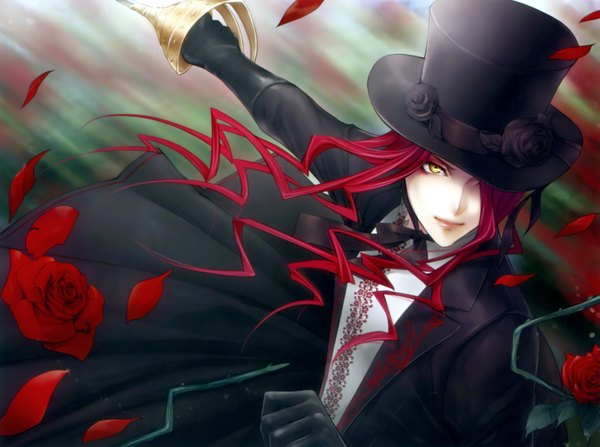 Anime picture 3365x2508 with will o' wisp (game) gyl single long hair highres yellow eyes absurdres red hair boy gloves flower (flowers) weapon hat petals rose (roses) epee