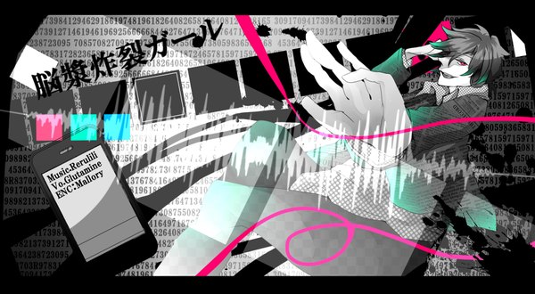 Anime picture 2000x1100 with nico nico singer gurutamin single looking at viewer highres short hair open mouth black hair wide image profile pink eyes light smile grey hair inscription monochrome pale skin framed polka dot music boy