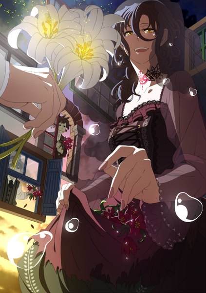 Anime picture 1058x1500 with original argent long hair tall image short hair open mouth smile brown hair yellow eyes purple hair nail polish multiple boys tattoo tears group lacing crying girl dress boy