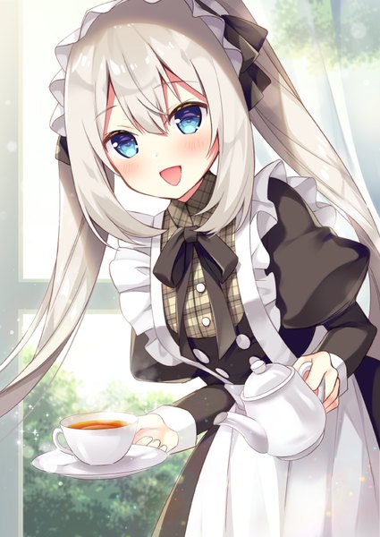 Anime picture 600x847 with fate (series) fate/grand order marie antoinette (fate/grand order) sumisaki yuzuna single long hair tall image looking at viewer blush fringe open mouth blue eyes hair between eyes twintails payot silver hair :d maid leaning leaning forward