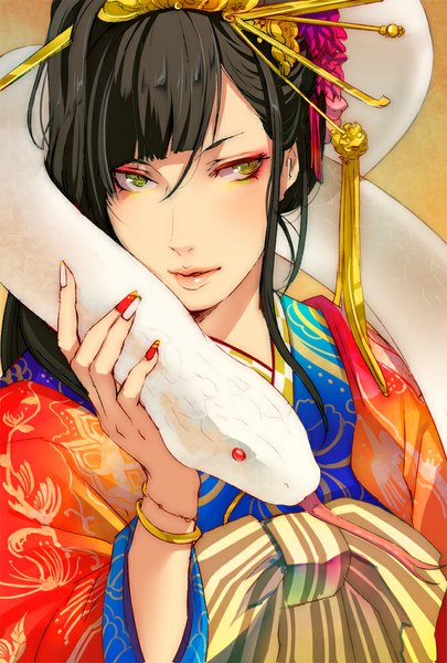 Anime picture 676x1000 with original null (chronix) single long hair tall image black hair green eyes looking away nail polish traditional clothes japanese clothes fingernails lips face long fingernails makeup red nail polish nail art multicolored nail polish white nail polish