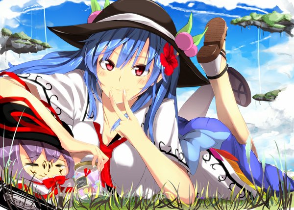 Anime picture 1000x714 with touhou hinanawi tenshi nagae iku neropaso single long hair looking at viewer blush red eyes blue hair cloud (clouds) hair flower girl dress hair ornament plant (plants) hat grass