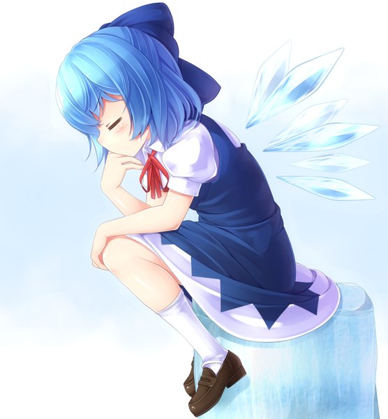 Anime picture 1020x1100 with touhou cirno chintara tall image short hair sitting blue hair eyes closed girl dress bow hair bow wings socks white socks ice