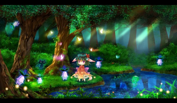 Anime picture 1462x850 with pixiv forest (artbook) michii yuuki short hair wide image purple eyes pink eyes sunlight aqua hair flying ghost river fairy lake kappa plant (plants) tree (trees) insect butterfly cat forest