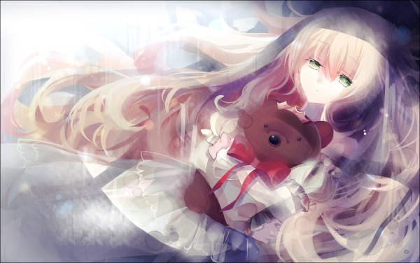Anime picture 1200x752 with original filiananna single long hair blonde hair wide image green eyes lying girl dress bow frills white dress teddy bear