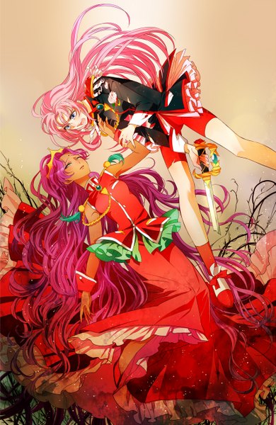 Anime picture 1722x2650 with revolutionary girl utena j.c. staff tenjou utena himemiya anthy ateka (artist) long hair tall image highres open mouth blue eyes simple background multiple girls green eyes pink hair purple hair very long hair sleeveless tears torn clothes dark skin