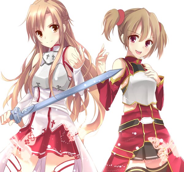 Anime picture 1071x1000 with sword art online a-1 pictures yuuki asuna silica aosaki yukina long hair looking at viewer short hair open mouth smile red eyes brown hair white background twintails multiple girls short twintails girl dress weapon 2 girls