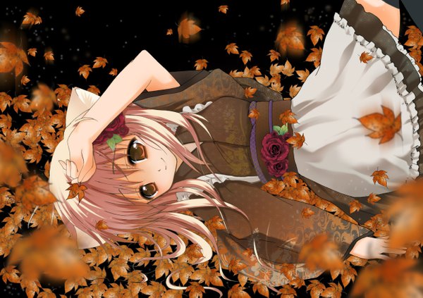 Anime picture 1242x877 with brown eyes pink hair cat girl autumn girl leaf (leaves)