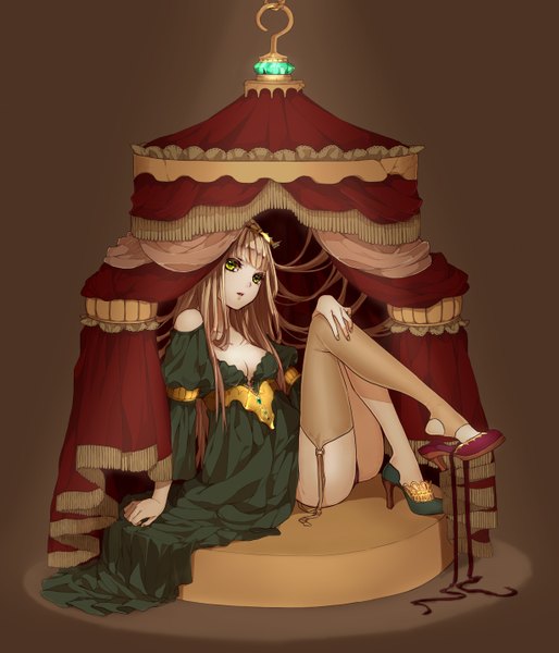 Anime picture 2450x2860 with original abararack single long hair tall image looking at viewer highres light erotic brown hair sitting bare shoulders green eyes bent knee (knees) nail polish parted lips head tilt wide sleeves dark background legs up hand on knee