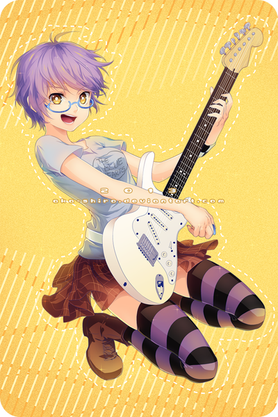 Anime picture 700x1050 with original yoshida suzu (original) aka-shiro single tall image short hair open mouth smile yellow eyes purple hair pleated skirt squat girl thighhighs skirt glasses boots striped thighhighs guitar