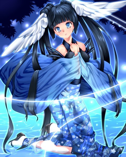 Anime picture 804x1000 with original amasora taichi single long hair tall image looking at viewer blue eyes black hair twintails bare shoulders head wings girl dress detached sleeves wings