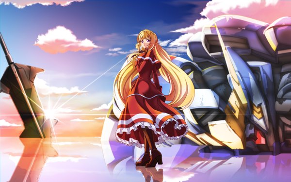 Anime picture 1400x875 with mobile suit gundam gundam tekketsu no orphans sunrise (studio) kudelia aina bernstein ivuki single long hair blonde hair purple eyes sky cloud (clouds) girl dress weapon sword boots robot mecha