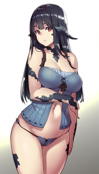 Anime picture 572x1000 with final fantasy final fantasy xiv square enix au ra houtengeki single long hair tall image looking at viewer fringe breasts light erotic black hair red eyes large breasts standing white background horn (horns) grey background bare belly