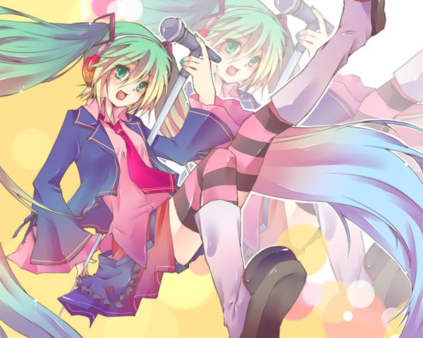 Anime picture 1280x1024 with vocaloid hatsune miku azumikai single fringe open mouth hair between eyes twintails green eyes very long hair nail polish aqua hair zoom layer girl thighhighs headphones striped thighhighs knee boots microphone microphone stand
