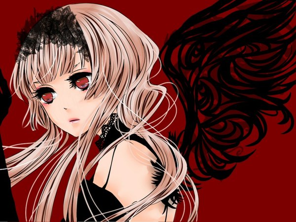 Anime picture 1024x768 with vocaloid nekomura iroha long hair red eyes pink hair red background black wings girl hairband