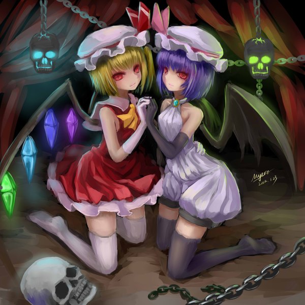 Anime picture 3248x3248 with touhou flandre scarlet remilia scarlet myero (artist) highres short hair blonde hair red eyes bare shoulders multiple girls absurdres purple hair no shoes holding hands girl thighhighs dress 2 girls wings chain
