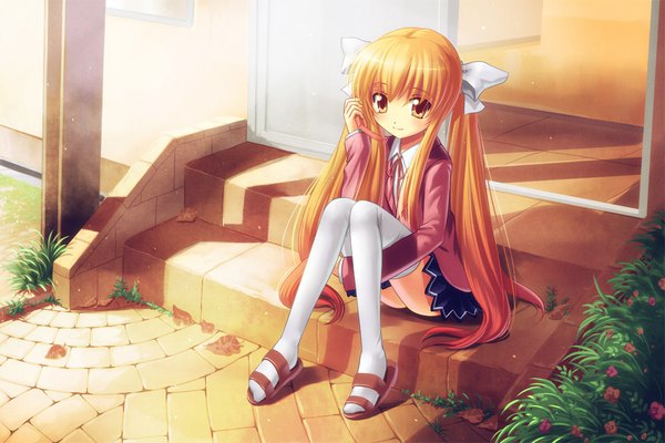 Anime picture 1000x667 with original kankurou long hair sitting twintails orange hair orange eyes girl thighhighs uniform bow plant (plants) hair bow school uniform white thighhighs stairs