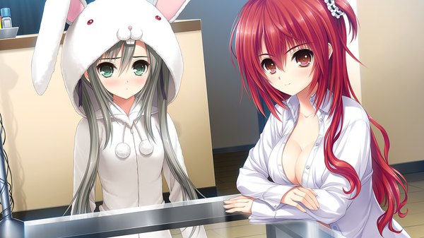 Anime picture 1280x720 with semiramis no tenbin kamio ami inei fumika long hair blue eyes light erotic red eyes wide image twintails multiple girls game cg cleavage red hair grey hair open clothes loli open shirt girl 2 girls shirt