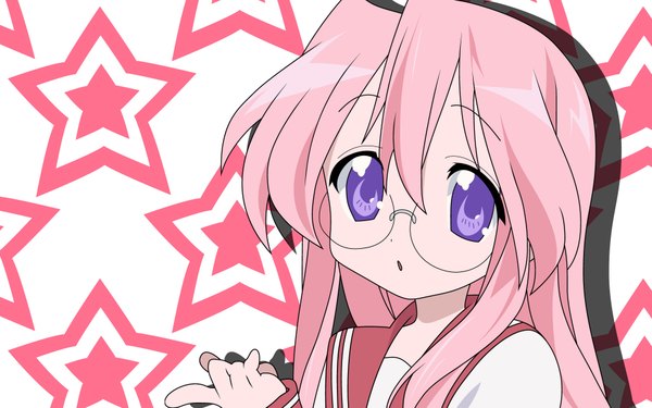 Anime picture 1920x1200 with lucky star kyoto animation takara miyuki single long hair highres wide image purple eyes pink hair close-up vector girl uniform glasses serafuku star (symbol)